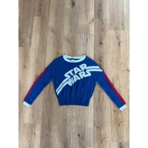 Star Wars Logo Graphic Knit Sweater Womens Size M Blue Red Striped Sleeve Retro